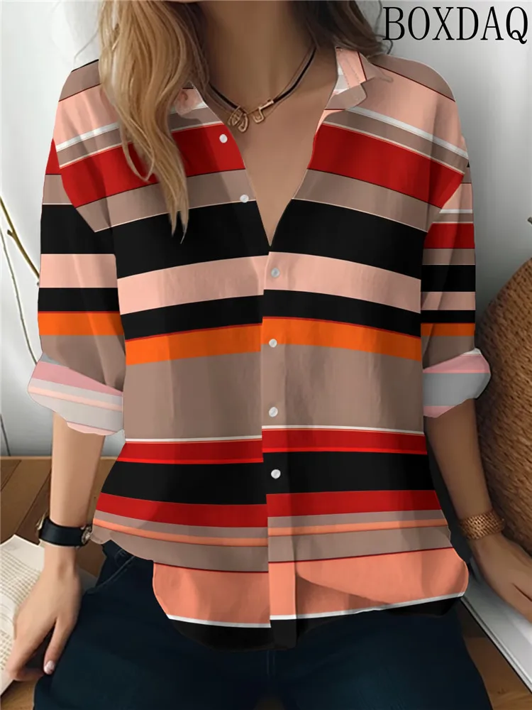 Stripe Pattern Printed Women's Blouse Autumn Long Sleeved Lapel Button Casual Loose Shirts New Style