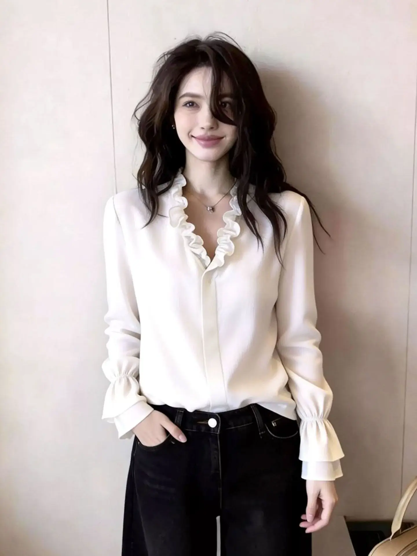 

Elegant Pure Color Shirt Simple Versatile Casual Commute Women's Top Trendy Spring Small Shirt Korean Style Straight Tube