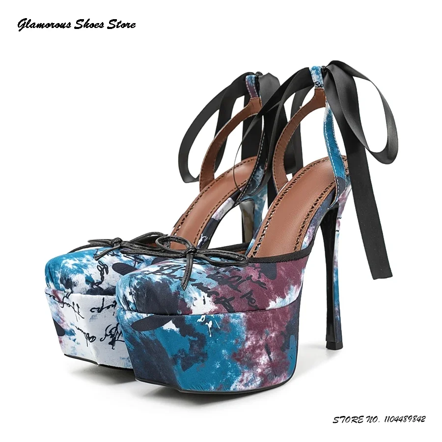 

Butterfly-knot Graffiti Platform Pumps Women's Square Toe 15cm Super High Heels Pole Dance Shoes Trendy Lace-up Runway Stilettos