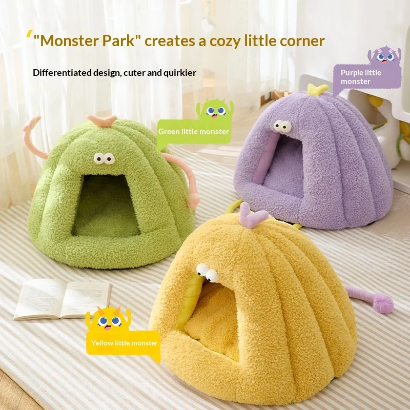 سرير كهف شتوي دافئ للقطط شبه مغلق سرير قطط دافئ مريح من القطيفة مع وسادة شيربا قابلة للإزالة قاعدة مقاومة للماء #4