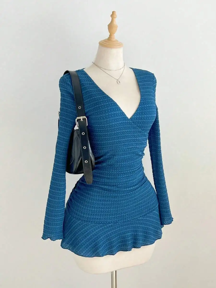 

Blue V-Neck Long Sleeve Mini Dress with Pleated Waist and Ruffle Hem