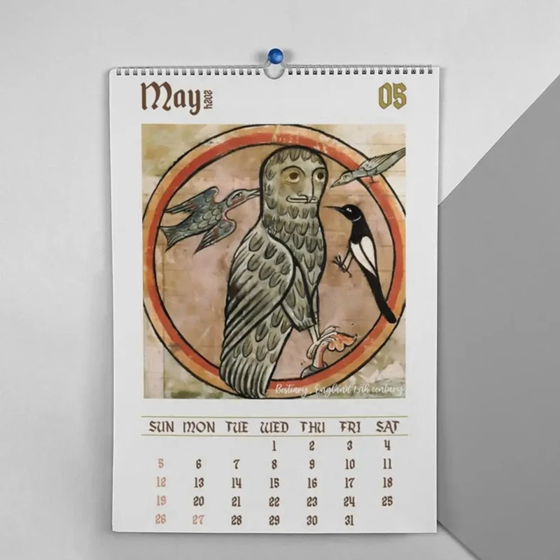 Calendario de pared Medieval, calendario de pared de búho feo 2024, calendario colgante de Año Nuevo de Dargon 2024, planificador de 12 meses, pinturas de aves, regalo