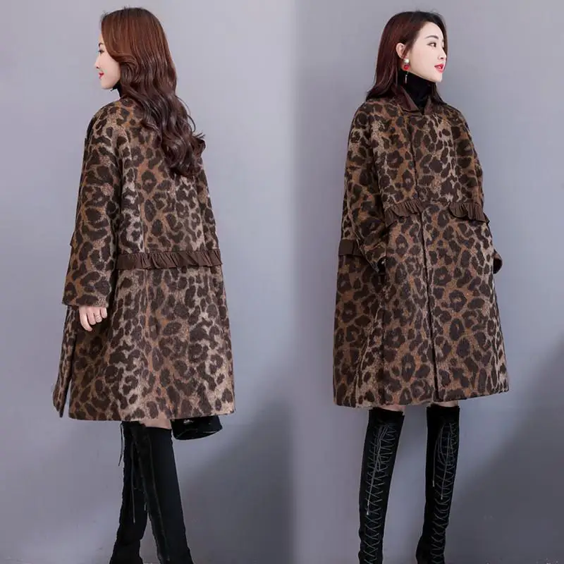 Large Size Women's Clothing Autumn Winter New Fashion Leopard Print Woolen Coat Medium And Long Loose And Thin Padded Coat Tde