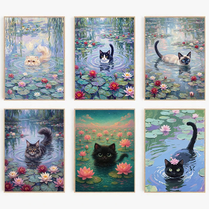 Tuxedo Cat in a Pond Posters Monet-style Water Lilies Modern Prints Canvas Painting Wall Art Pictures Home Living Room Decor