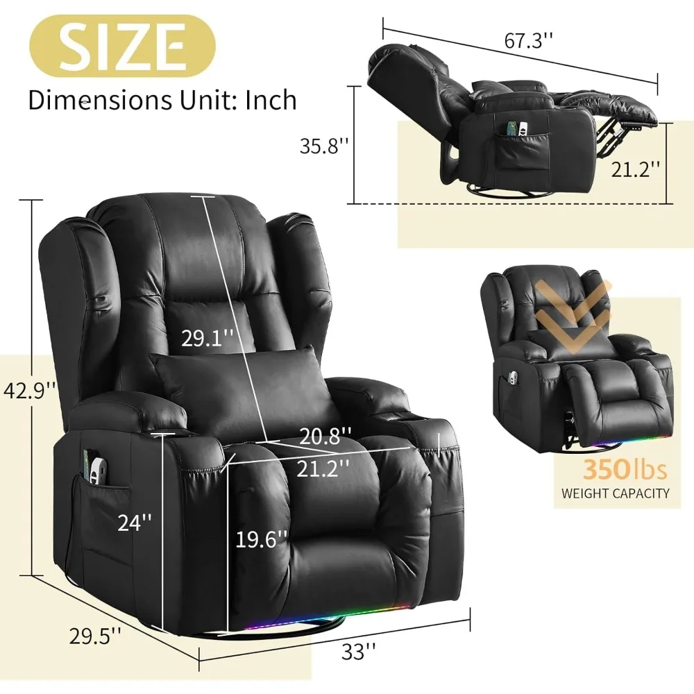 كرسي هزاز دوار كهربائي مع تدليك وحرارة، أريكة استلقاء على الحائط كهربائية للبالغين مع ضوء LED/حاملات أكواب #2