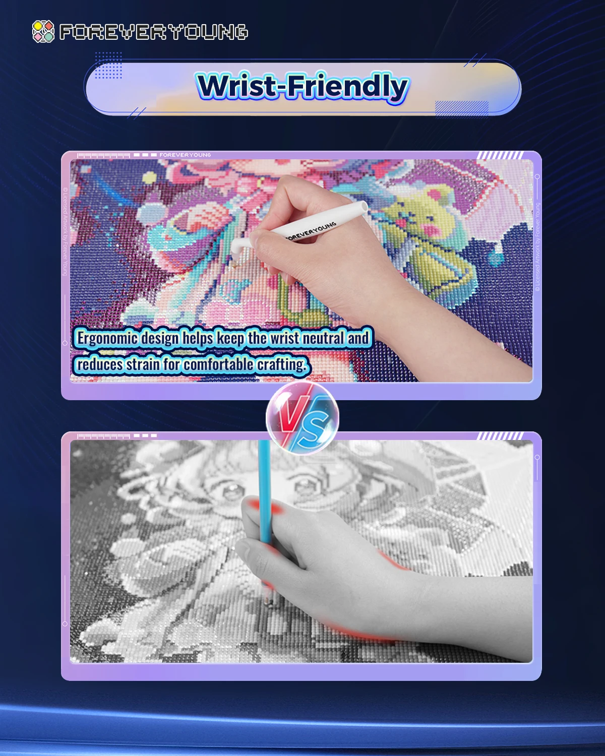 Forever Young Ergonomic Diamond Painting Pen - Wrist-Friendly, Unobstructed View, with 4 Tips & Multi-Placers