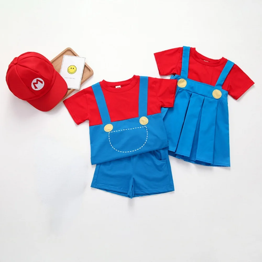 

Game Super Mario Bros Luigi Cosplay T Shirt Girl Dress Summer Boy Clothes Short Sleeved Shorts Hat Set Birthday Halloween Gift