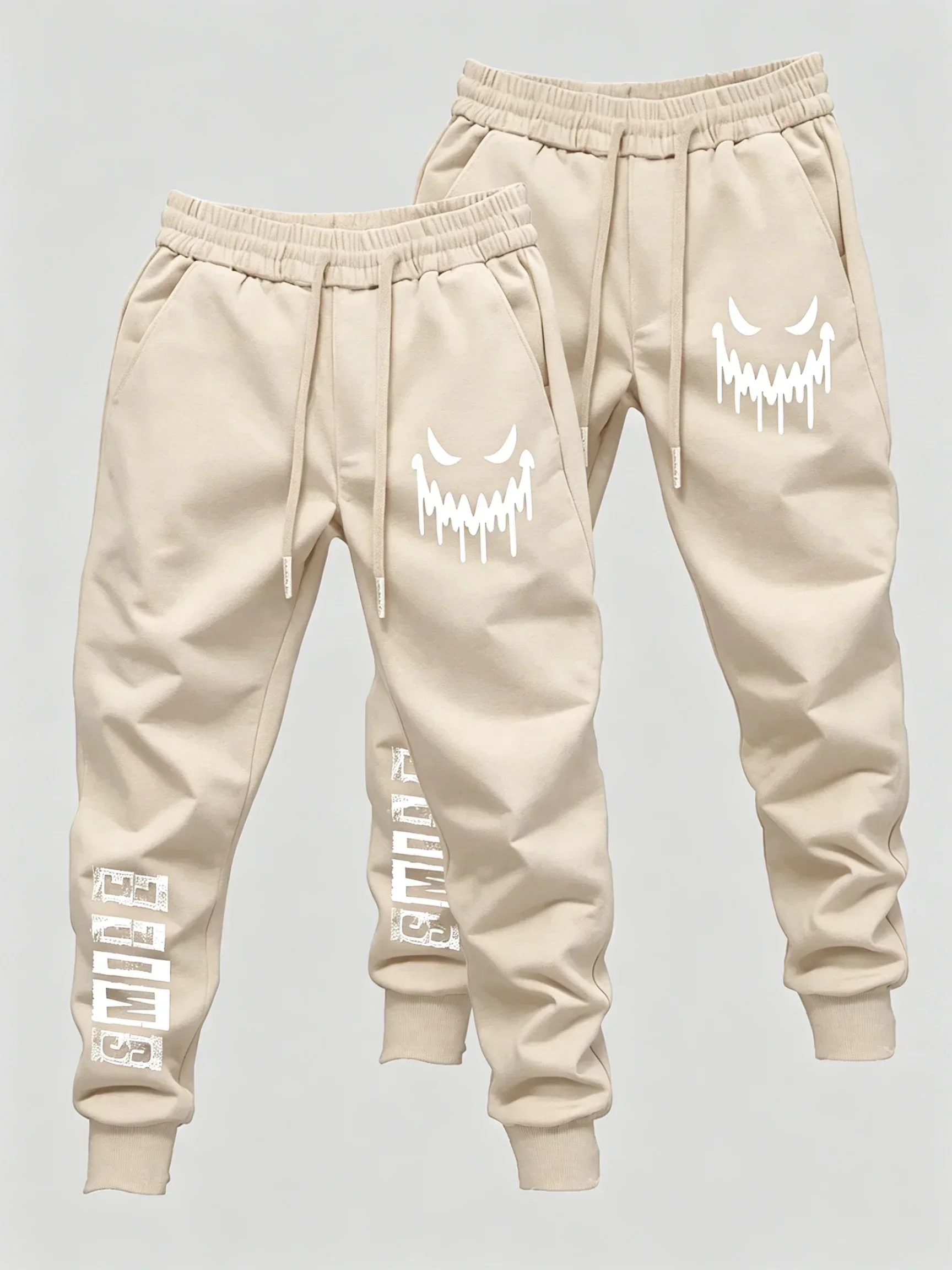 2er-Pack Herren-Freizeit-Jogginghosen mit gruseligem Dämonengesicht-Motiv, elastischem Bund, gerippten Bündchen an den Knöcheln, Streetwear, Lauf- und Fitnesshosen – Detail 5