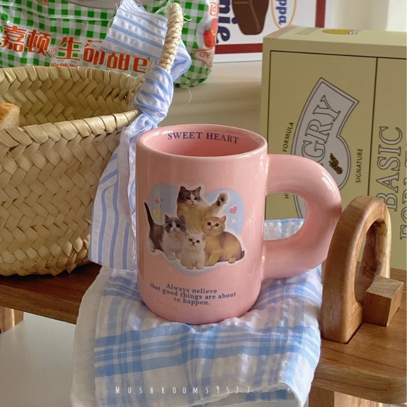 Pink Cute Kitten Mugs Girls To Drink Breakfast Coffee Milk Cup Ceramic Chubby Handle Christmas Gift Office Cups 300ML Drinkware