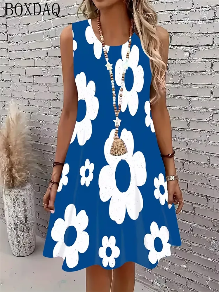Women's 2026 Elegant Desses Round Neck Sleeveless Flower Pattern Printed Loose Casual Party Dress