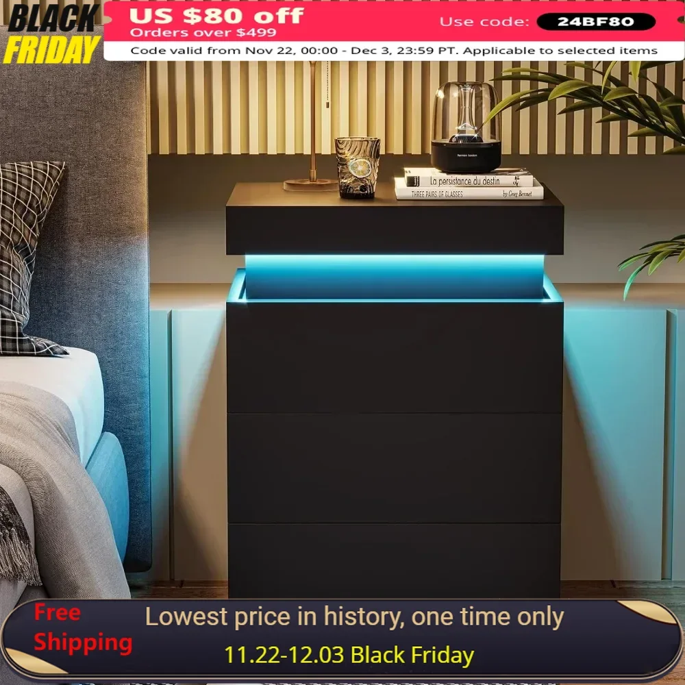 Bedside Table with Charging Station and LED Light with Sliding Top and Drawer for Bedroom Living Room, Bedside Table