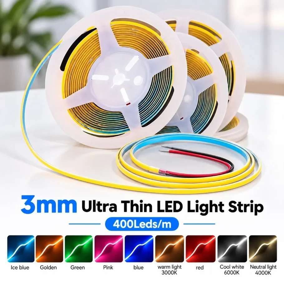 0.5~5m 3mm Ultra Thin COB LED Strip Light 400LEDs/m DC12V Flexible LED Tape Multiple Color Optional for Home Decor Lighting