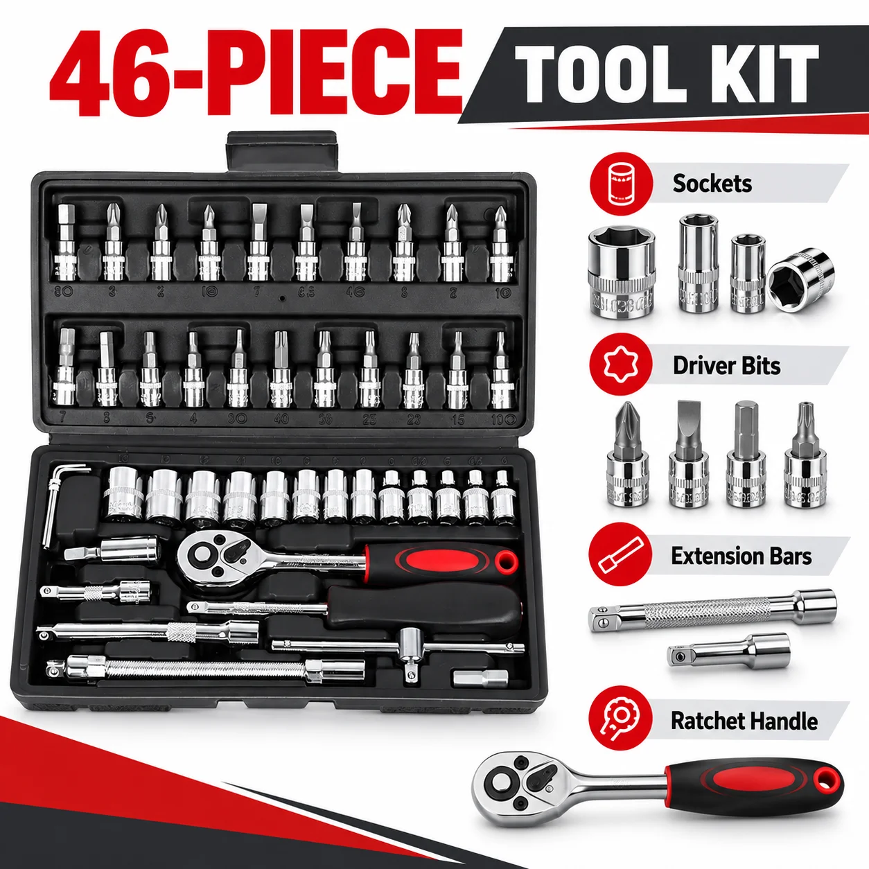 46PCS 1/4 Inch Drive Metric Socket Wrench Set, Ratchet Tool Kit for Auto Car Mechanical Repair, Portable Hand Tools
