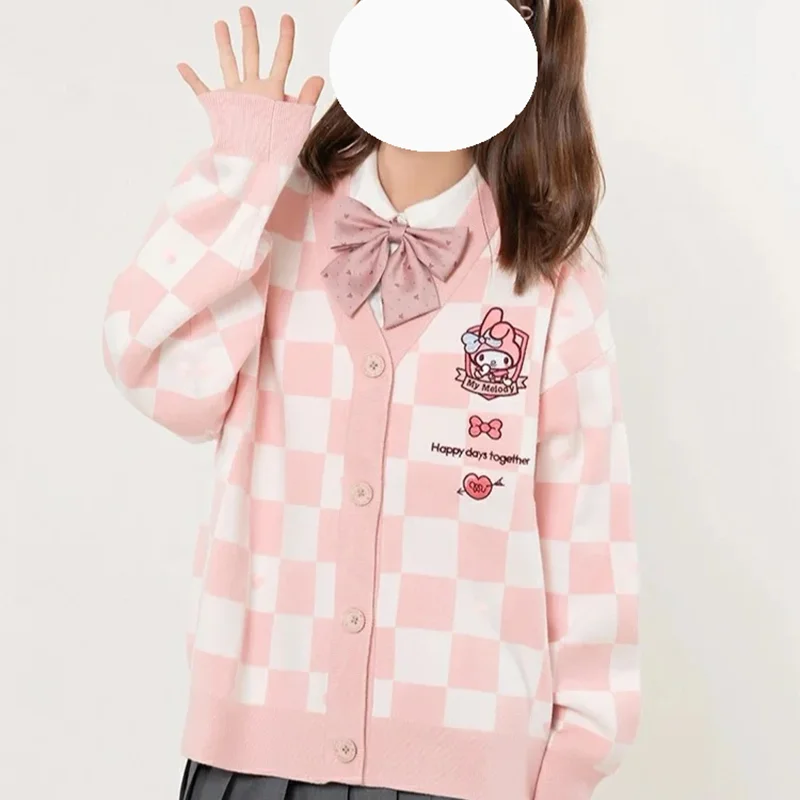 Girly Sweet Cute Loose Slim Oversized Knited Cardigan Preppy Cartoon Embroidery Student Pink Plaid Sweater Women Kawaii Clothes