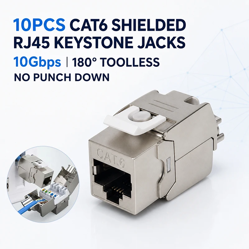 10Pcs Cat6 Shielded RJ45 Keystone Jacks 180 Degree Toolless No Punch Down 10Gbps Ethernet Network Modules for STP Shielded Cable