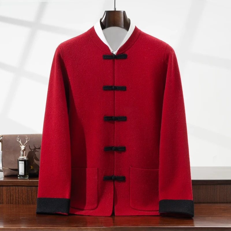Chinese Style 100% Merino Wool Stand up Collar Buttoned Knit Cardigan Zodiac Year Sweater Jacket for Autumn Winter Thick Warm...