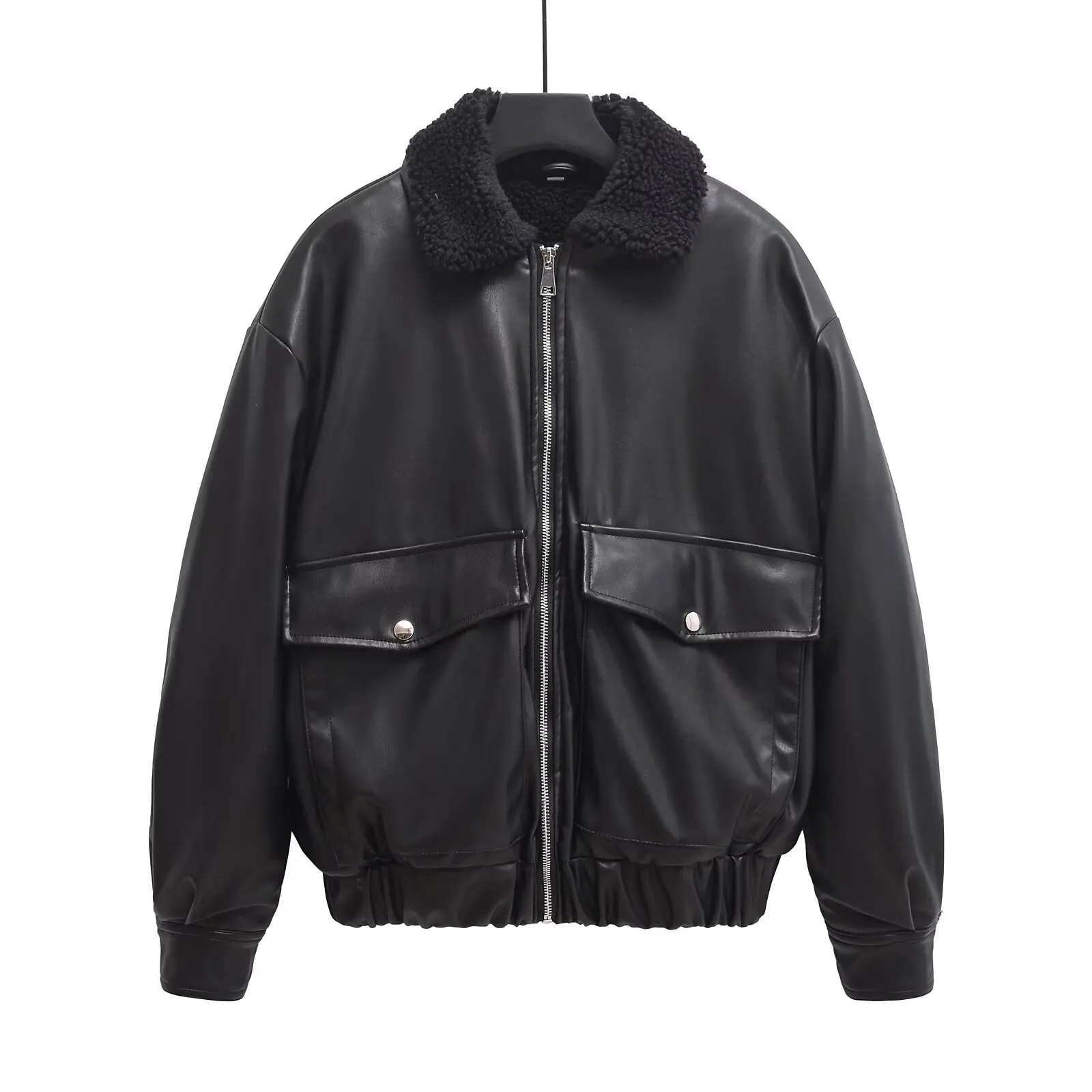 Damska kurtka jesienno-zimowa ze skóry PU, stójka, włókno poliestrowe, długa, luźny krój, modna odzież wierzchnia dla kobiet.