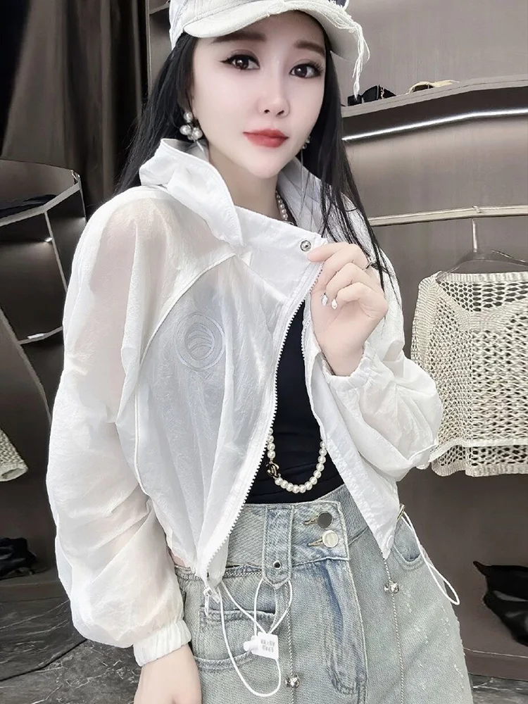 Trendy and cool design women night light ultra-thin breathable hooded sun protection clothing beautiful short jacket