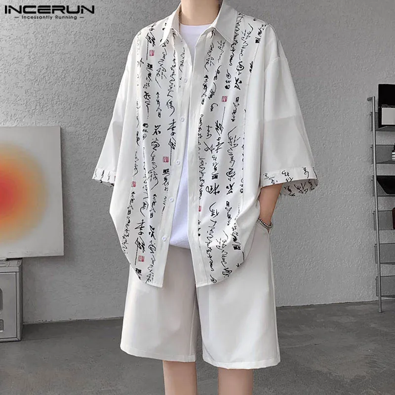 INCERUN 2024 Fashion Sets Men's Chinese Character Printed Patchwork Solid Half Sleeved Shirts Shorts Casual Two-piece Sets S-5XL