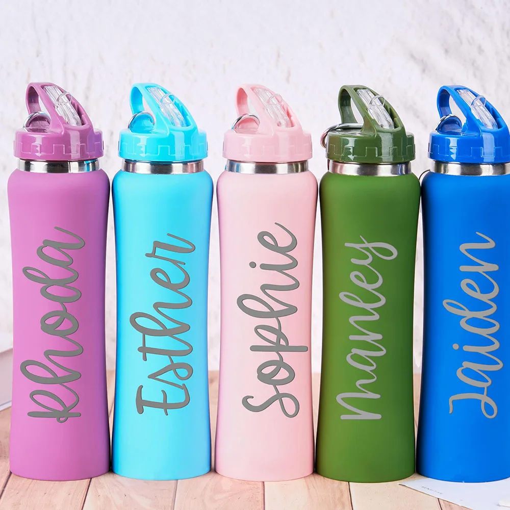 Custom Name Engraved Stainless Steel Water Bottle Matte Slim Vacuum Flask With Flip Straw Lid For School Gym Sports Outdoor .
