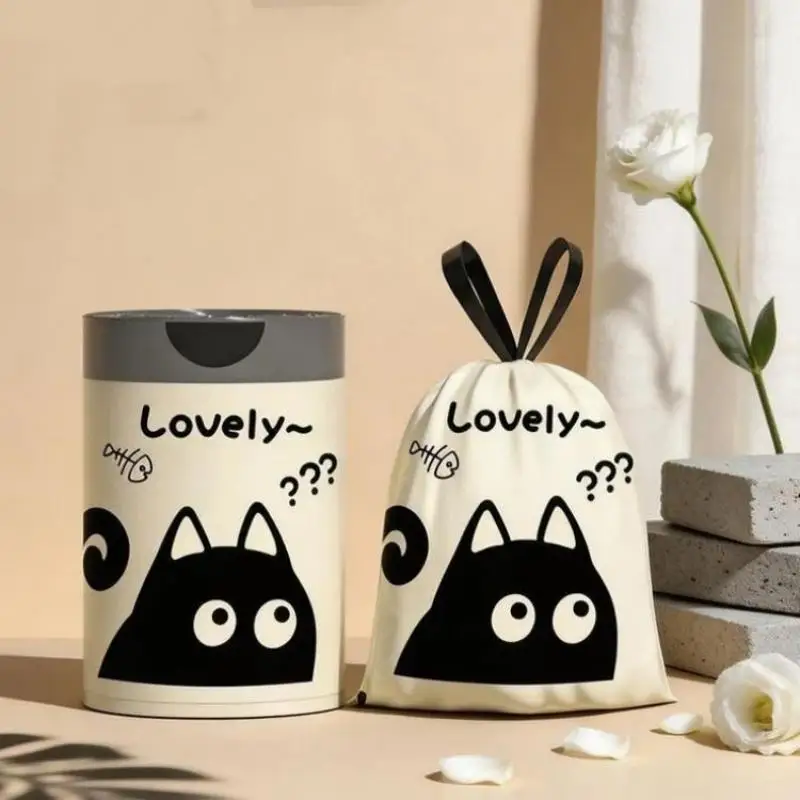 50Pcs/Roll 45x45cm Cute Cat Fishbone Printed Tear-Free Drawstring Trash Bags Disposable Garbage Bags