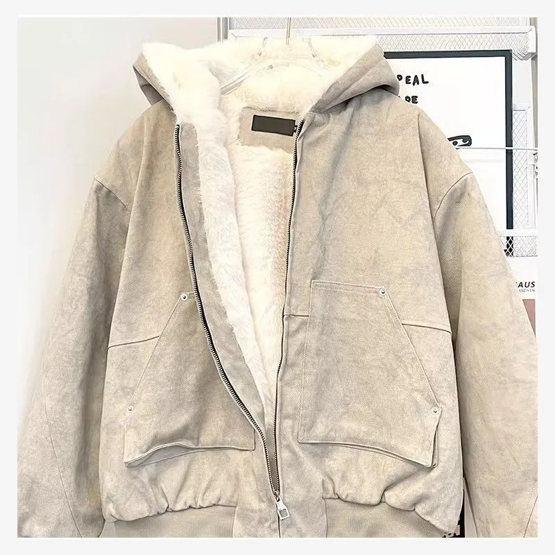 

T American Retro Hooded Cotton Jaet Thiened Floing Couples Outerwear Youth Sle Polyester Fiber Filling ort Length