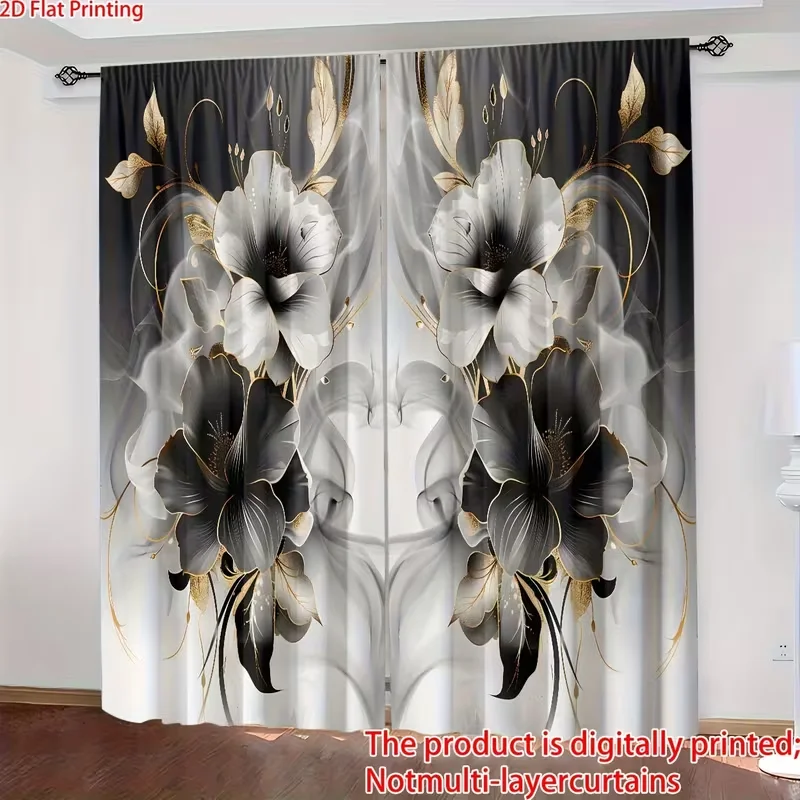 2PC Black White Gold Floral Sheer Curtains - Luxe Modern Art Print Window Drapes for Living Room Bedroom Decor