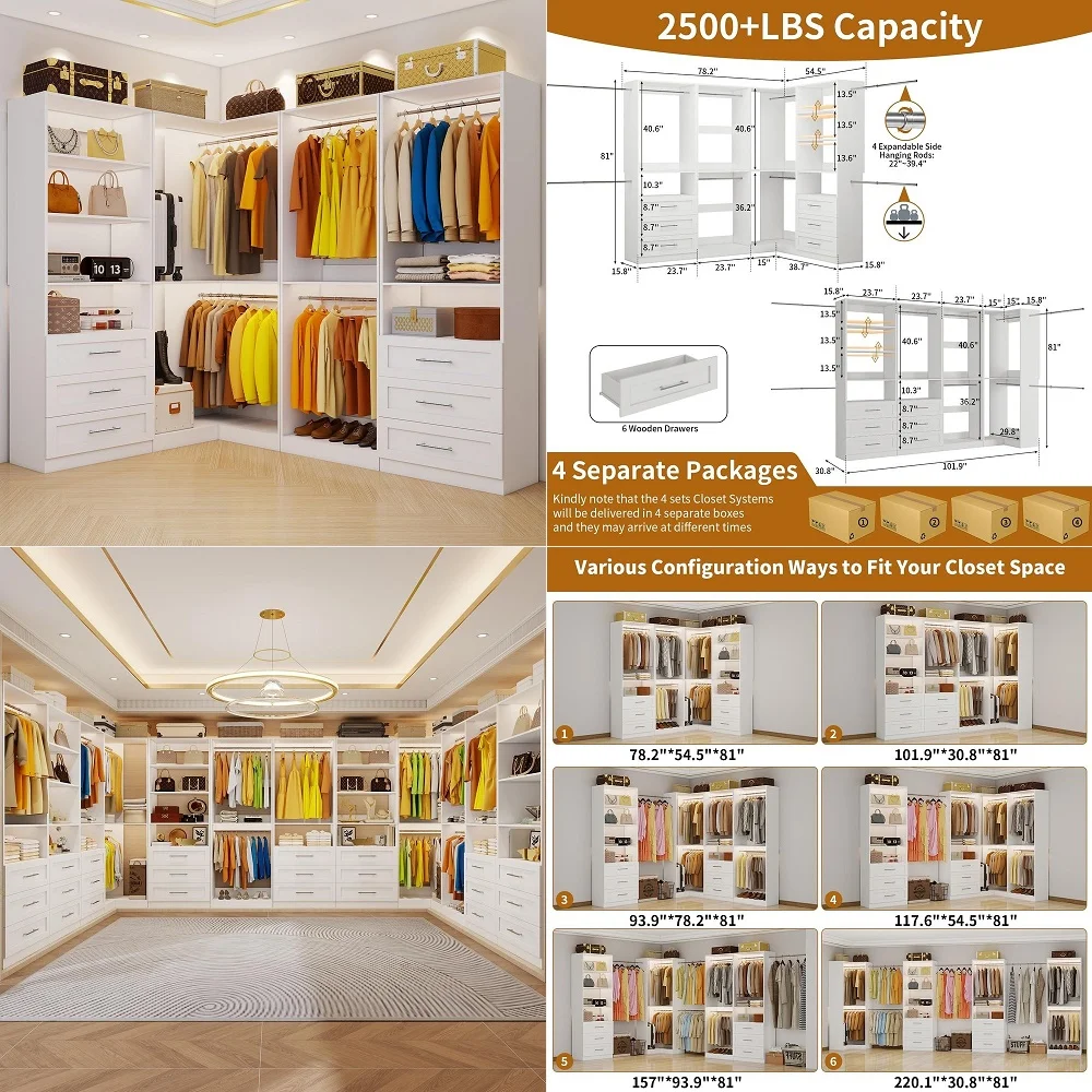 

System of 4 Sets with 6 Drawers, 101.9 Walk in Corner Closet System with 9 Hanging Rods amp Adjustable Shelves, Custom LShaped