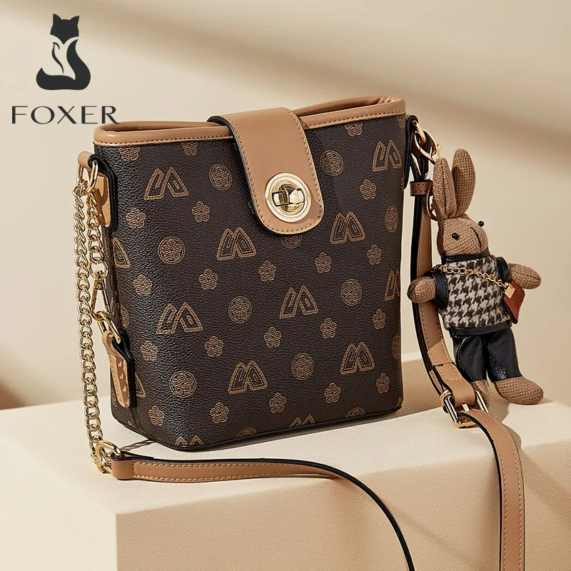 FOXER Women\'s PVC Crossbody Shoulder Bags Lady Small Bucket Bag Fashion Girls Messenger Bags High Quality Phone Bag with Pendant