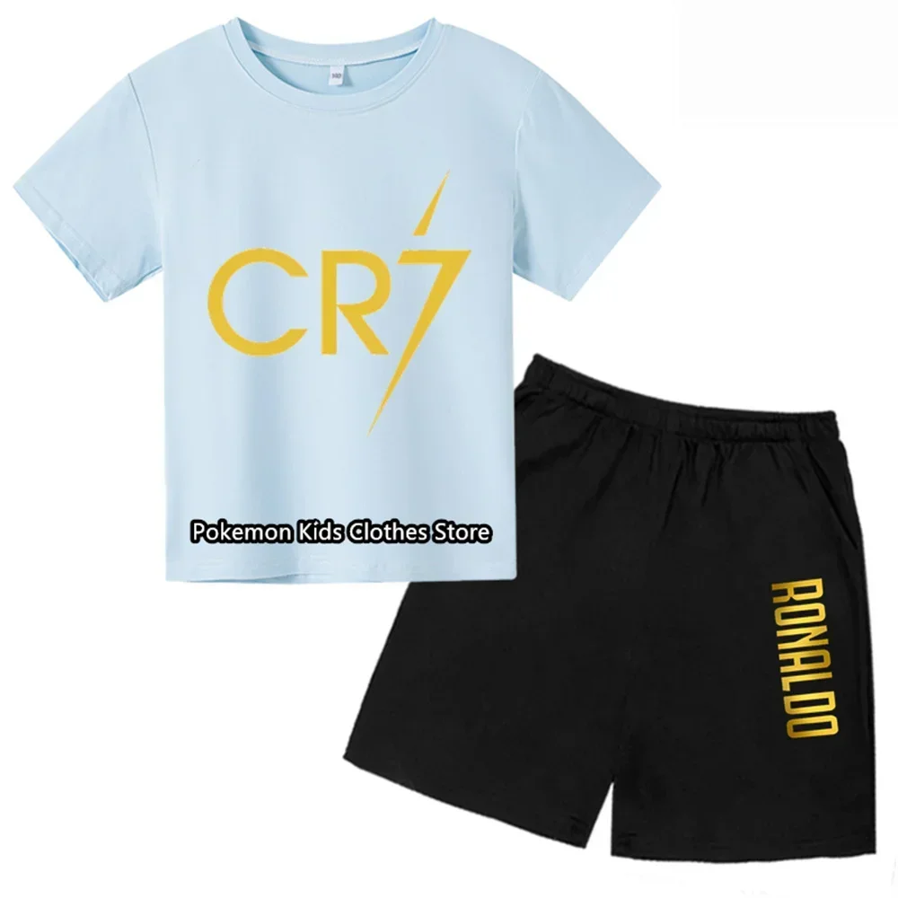 kids T-shirt Summer CR7 Star Print Top/Shorts 2P Boys/Girls Preschool 3-13Y Birthday Gift Sunshine Casual Round Neck Sports Set