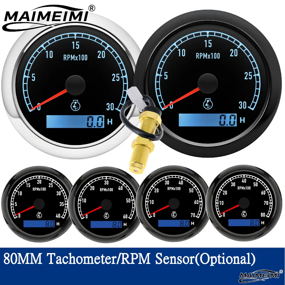 80MM Tachometer RPM Gauge 3K 4K 6K 7K 8K RPM With REV Counter LCD Hourmeter 7 Colors Backlight For Marine Boat Car Engine Sensor