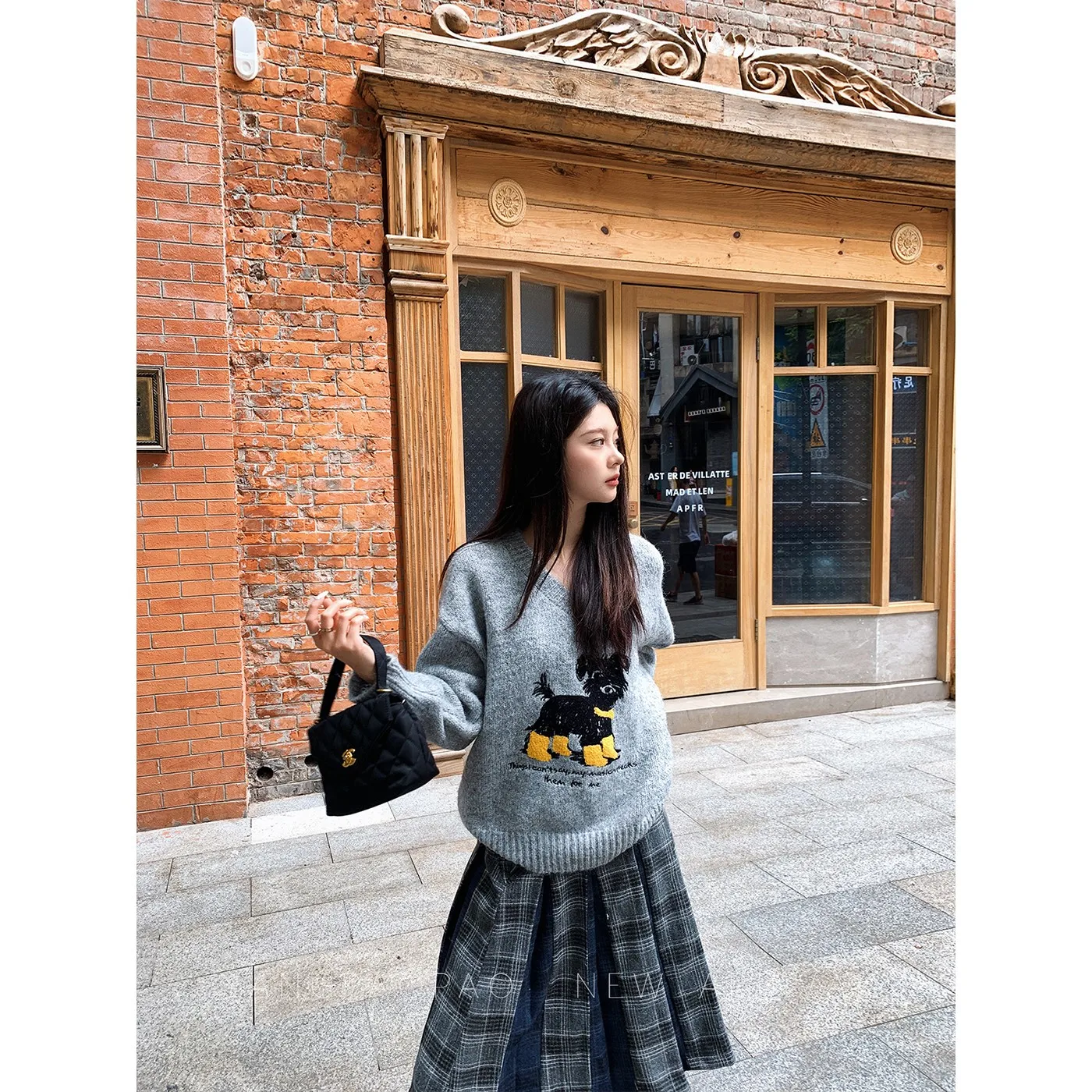 

Gray Embroidered Dog V-neck Sweater Women's Loose Slimming Knitwear Fleece Thickened Autumn Winter Commute Style Regular Sleeve