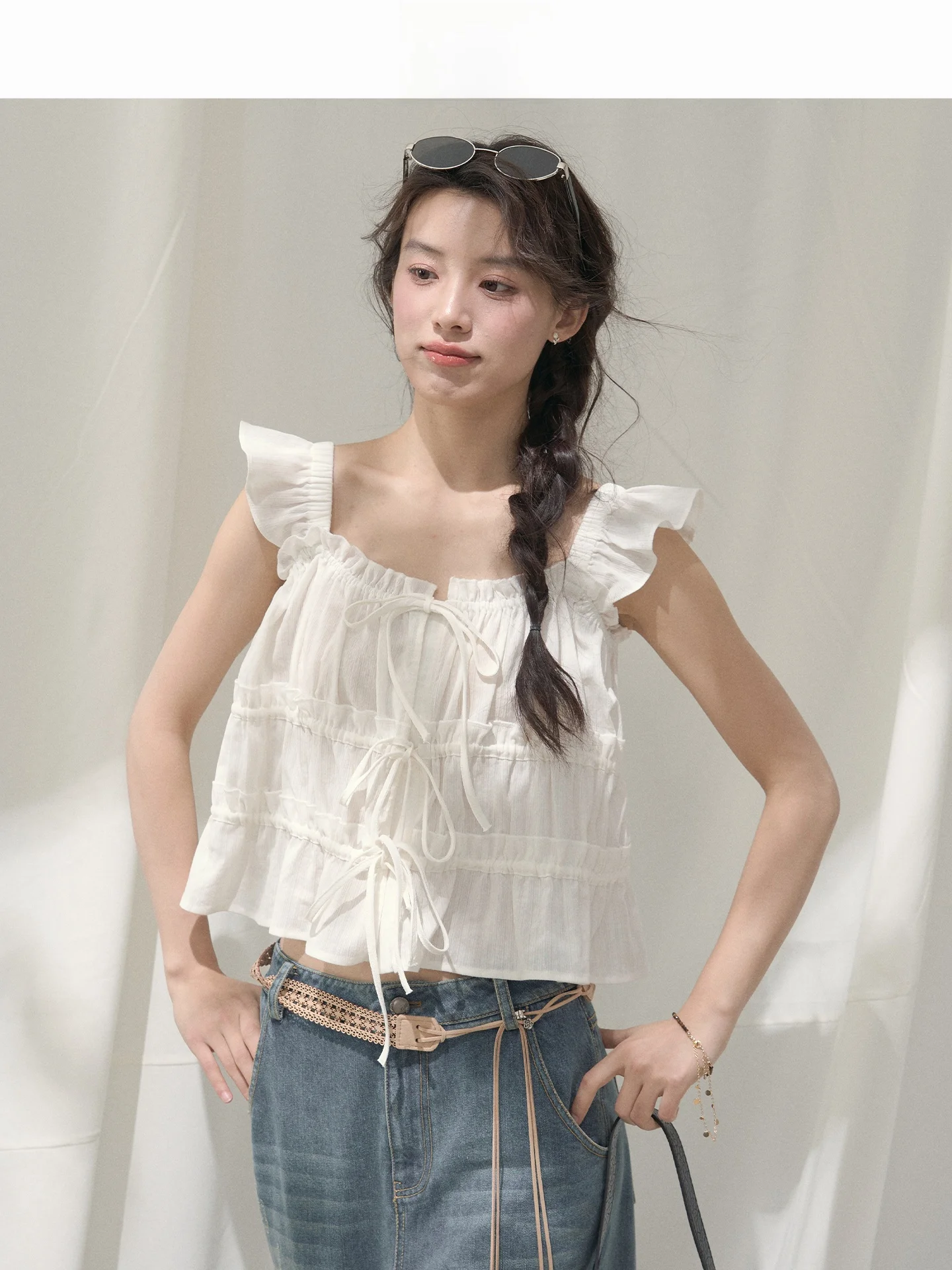 

LOLOL White Short Sleeve Girl's Shirt with Lace Trim Fashionable Spring Summer Cotton Blouse Breathable Comfortable Shortie