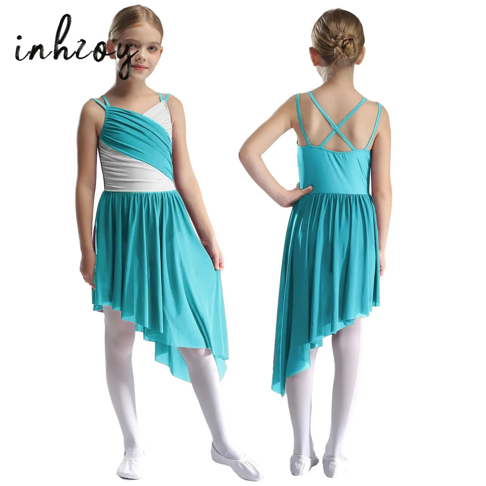 

Kids Girls Ballet Lyrical Dance Costumes Sleeveless Asymmetrical Chiffon Dress Ballroom Stage Performance Contemporary Dancewear