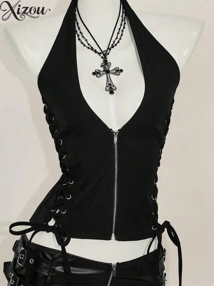 

Готический панк-топ-халтер Y2K, черный, с V-образным вырезом, без спинки, на молнии, с завязками на талии, облегающий, 2026