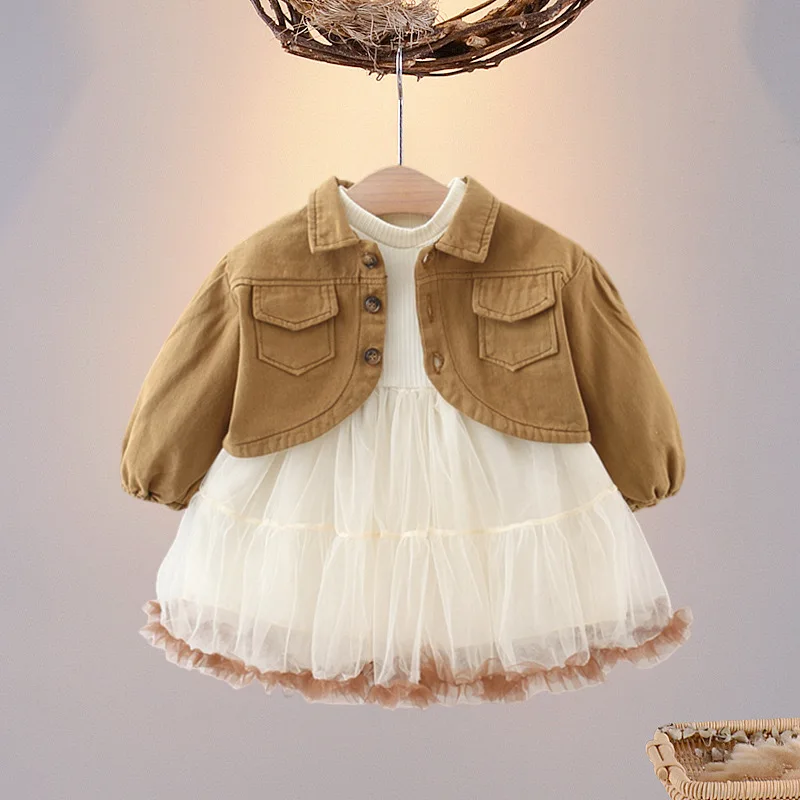 

2024 Autumn New clothing set for Girls Two-piece Dress and Coat Long-sleeved Spring and Autumn Baby Clothes