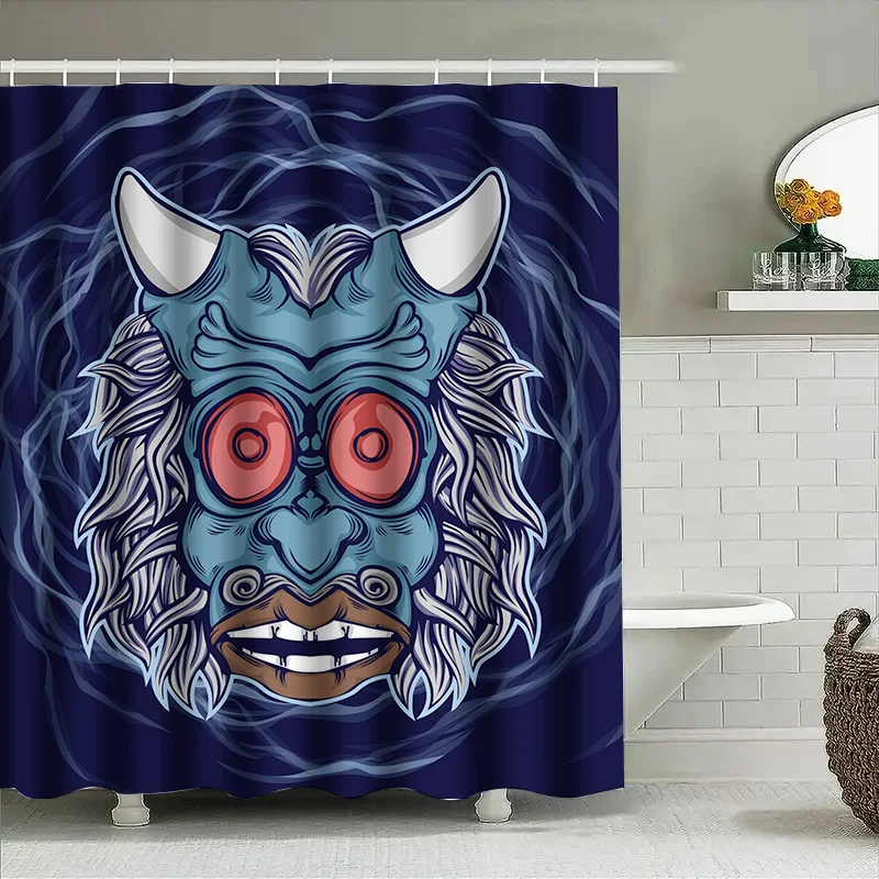 

Tuniu Blue Yokai Face Japanese Noh Mask Bathroom Curtain for Room Decor Wall Hanging Shower Curtain
