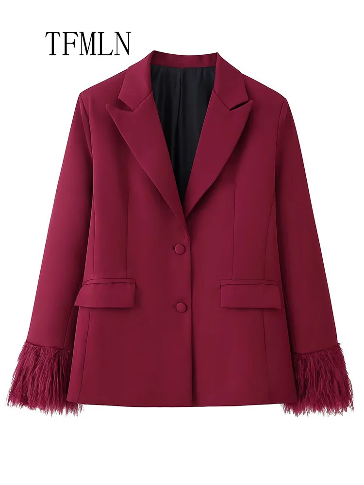 TFMLN 2025 الخريف الريش السترة الستر للنساء ريترو شيك واحدة الصدر جيوب السببية معاطف مكتب سيدة محززة أبلى #3