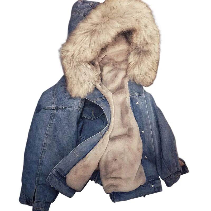 

AT19-Women's Denim Jacket Winter Warm Coats Fur Collar Jacket Women Outerwear
