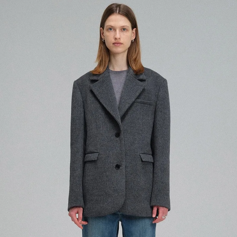 SOCI* 2023 Autumn/Winter New Women\'s Woolen Coat Minimalist Style Grey Solid Color Fashion Casual Woolen Cashmere Coat