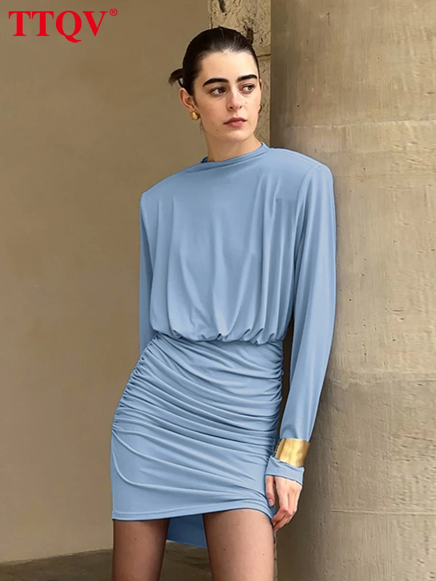 

TTQV Fashion Loose Blue Knitted Women's Dress 2026 Spring O-Neck Long Sleeve Mini Dresses Elegant High Waist Ruched Female Dress