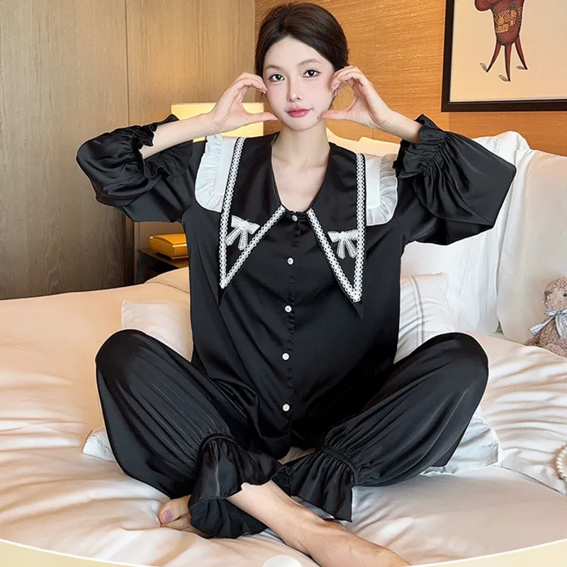 

Princess Collar Two Piece Pajamas Suit Women Long Sleeve Shirt Trousers Pijamas Home Clothes Sleepwear Nightsuits