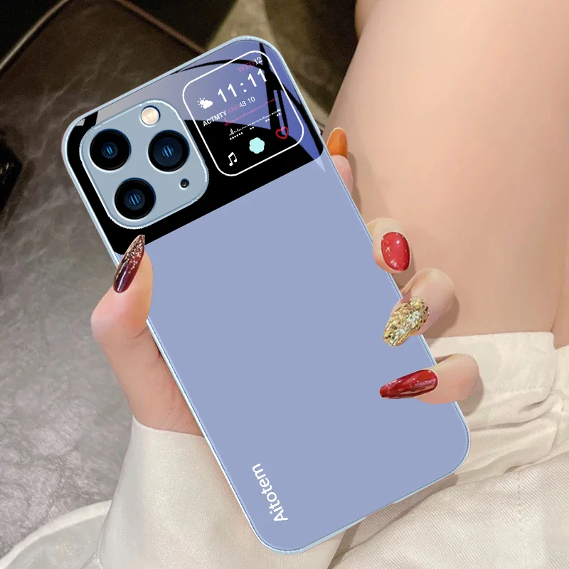 Funda de teléfono de vidrio templado negro para IPhone 15 Pro 14 13 12 Mini 11 XS Max XR 7 8 Plu SE 2020 2022 ventana grande líquida