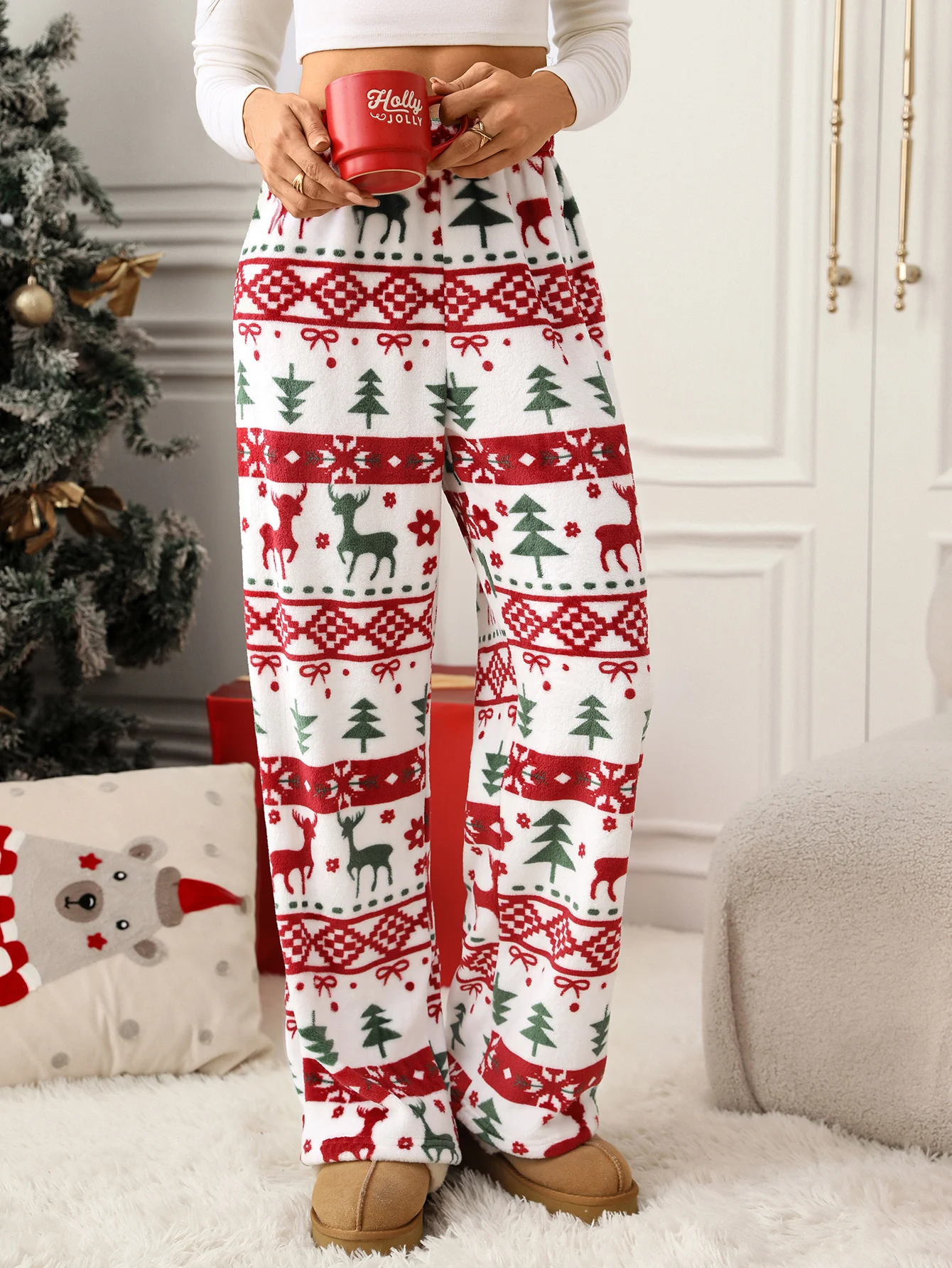 Elegant women's Christmas reindeer and Christmas tree print plush straight pants, warm style