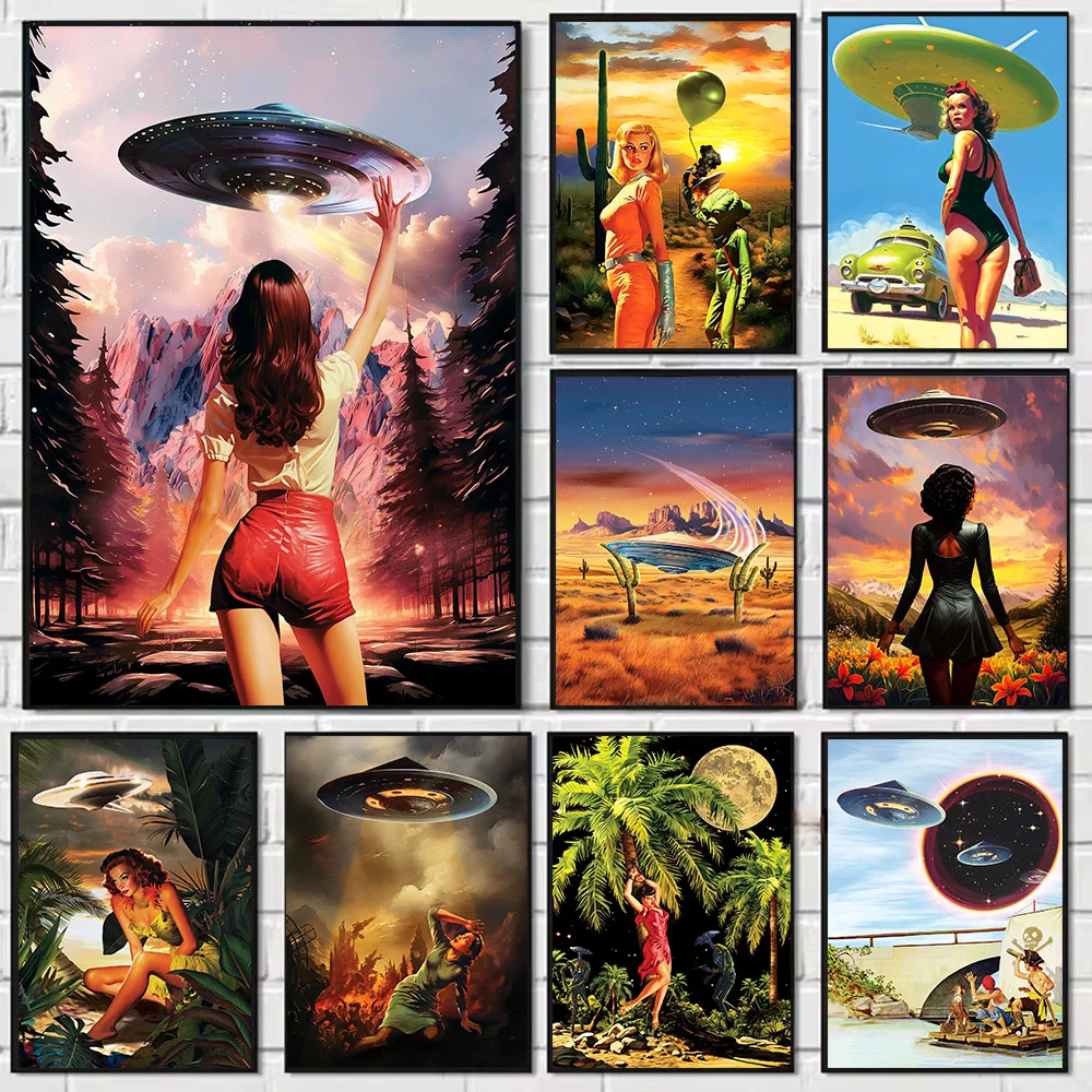 Hiking UFO Art Print - Vintage Alien Poster Psychedelic Space Decor Canvas Painting Psychedelic Wall Art for Sci-Fi Lovers