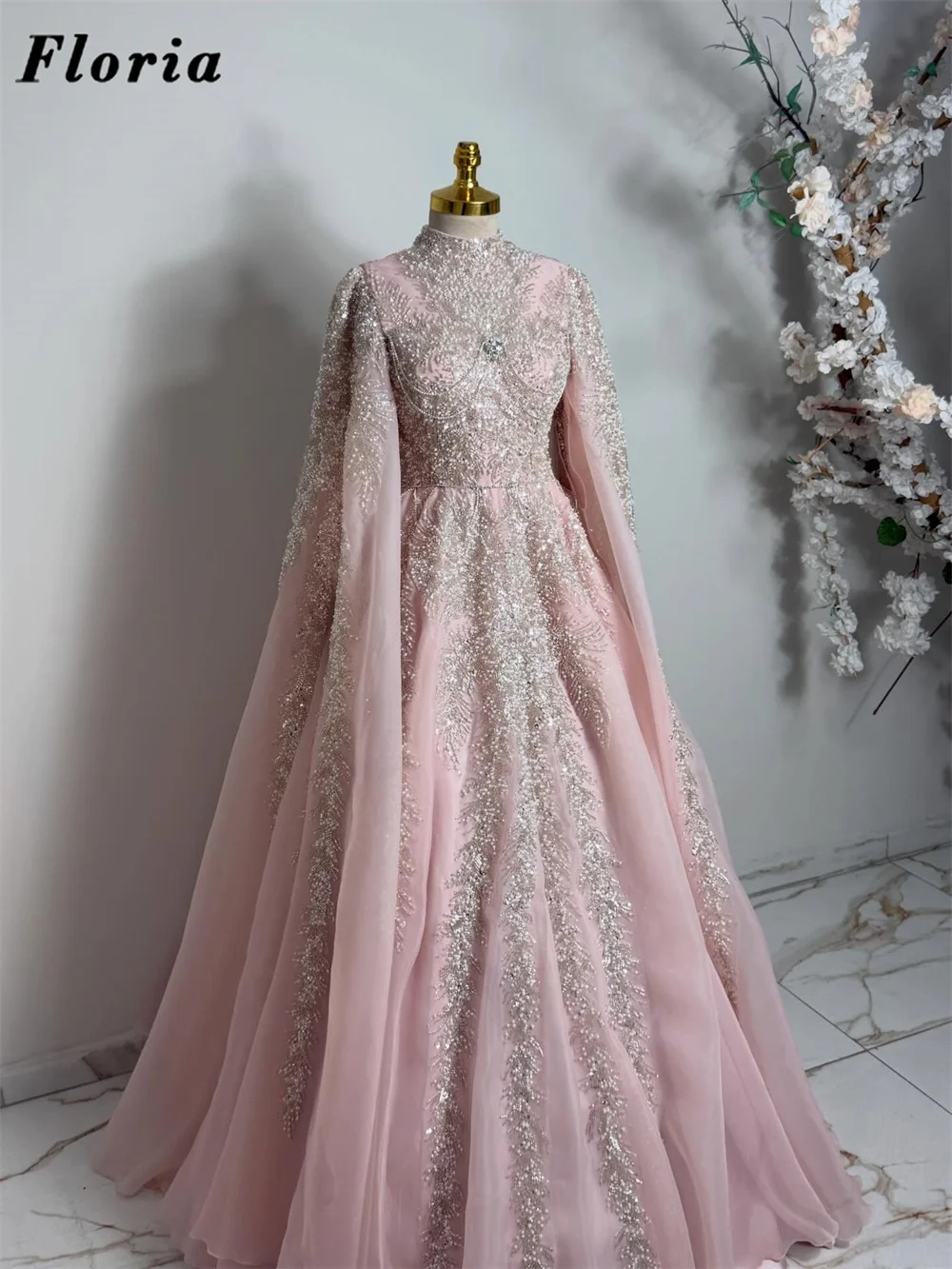 Middle East Princess Pink Beaded Appliques Evening Dresses Long Sleeves Wedding Engagement Party Gowns Customized A Line Prom