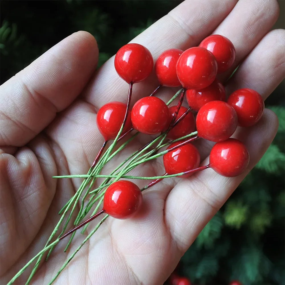 1000/50pcs Christmas Berries Mini Plastic Berry Artificial Flower Red Cherry Simulation Pearlescent Stamen Gift Wreath DIY Decor