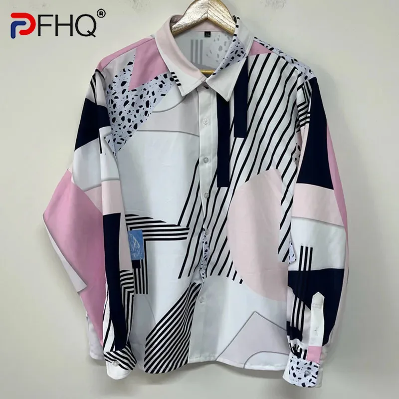 

PFHQ Asymmetric Art Print Design High Street Trendy Versatile Designer Men's Shirt 2024 Contrast Color Male Tops 21Z5067