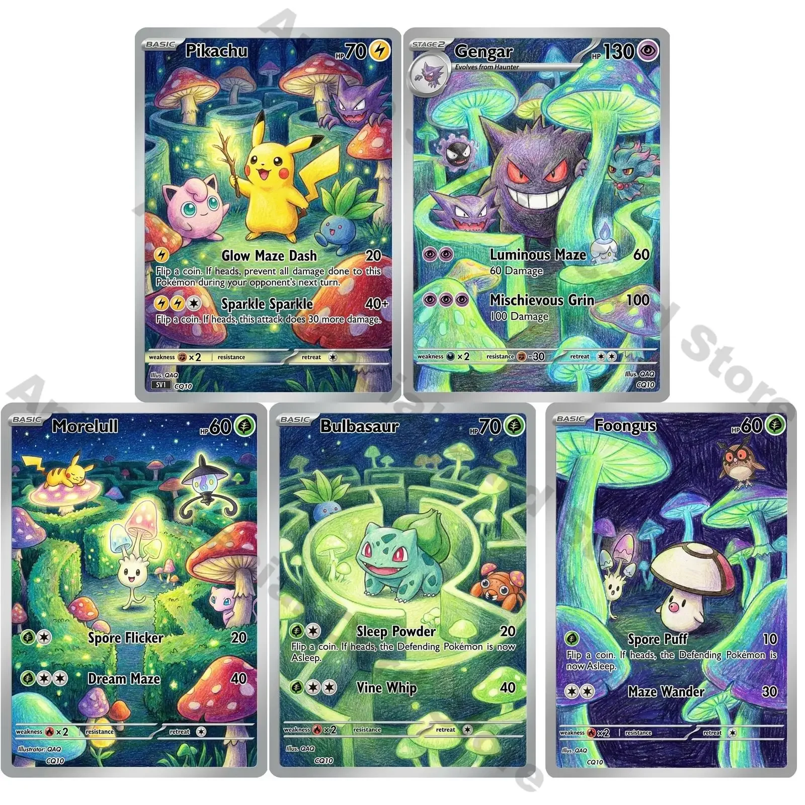 5Pcs PTCG Cards Glow Maze Gengar Shiinotic Bulbasaur Foongus PTCG Cards Childrens Colored Pencil Art Style PTCG Gift
