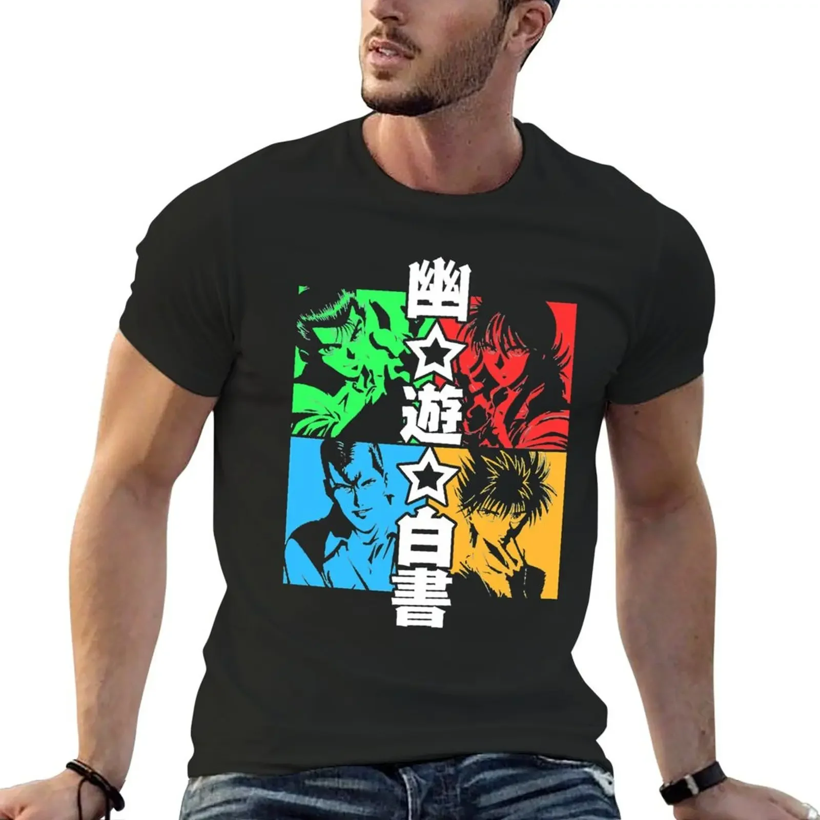 yeallow red Hakusho art Yuyu T-Shirt blacks cotton graphic tees graphic t shirts tees men clothing